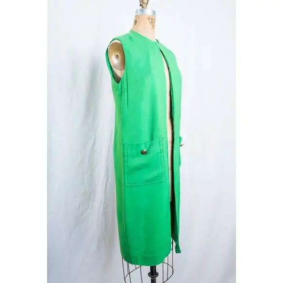 Vintage 60s Kelly Green Linen Blend Vest Duster w/ Pockets Mod Retro Bright, Med - Picture 10 of 10